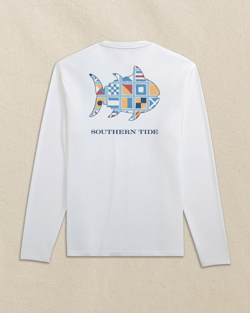 The back view of the Southern Tide Skipjack Fill Nautical Flag Long Sleeve Performance T-Shirt by Southern Tide - Classic White
