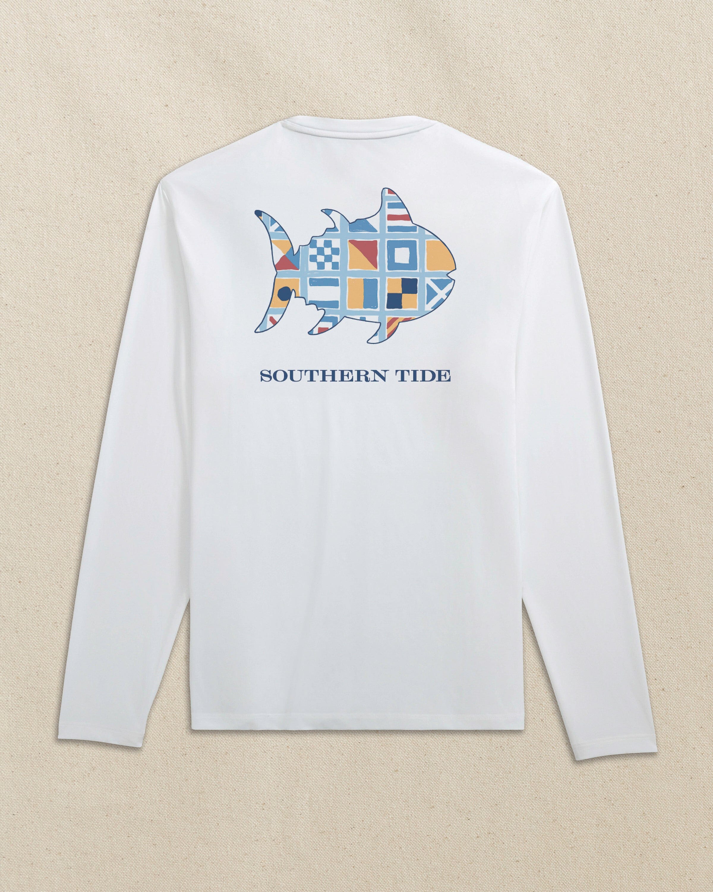 The back view of the Southern Tide Skipjack Fill Nautical Flag Long Sleeve Performance T-Shirt by Southern Tide - Classic White